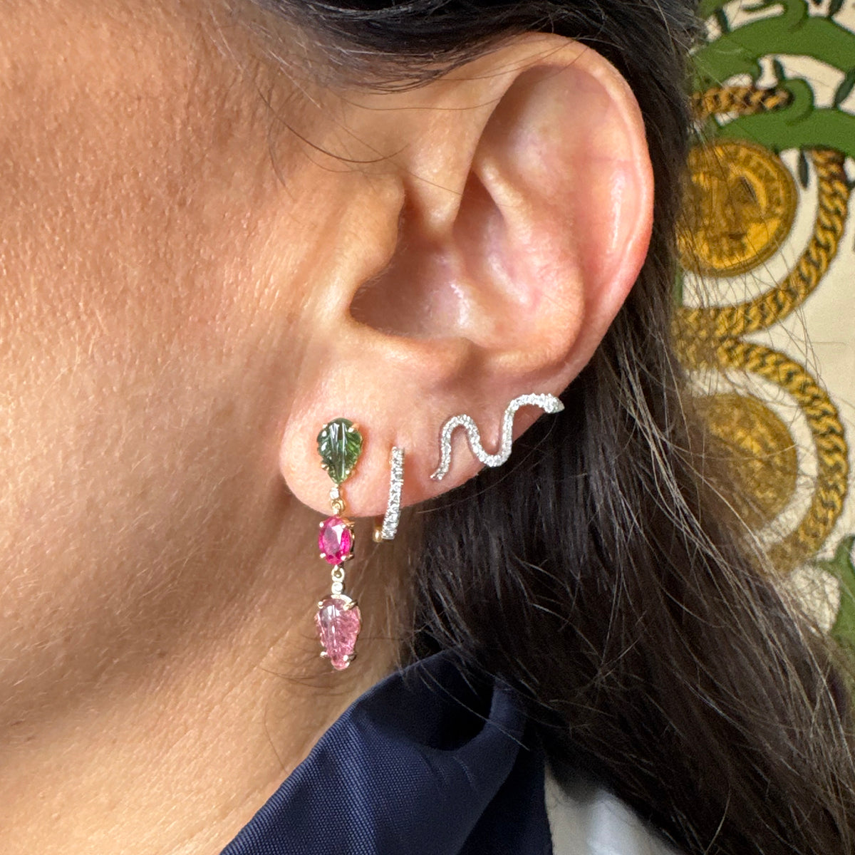 Aretes rubí y turmalina en oro 14k
