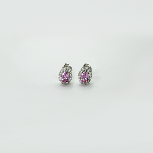 Aretes zafiro rosa con halo diamantes oro blanco 14k