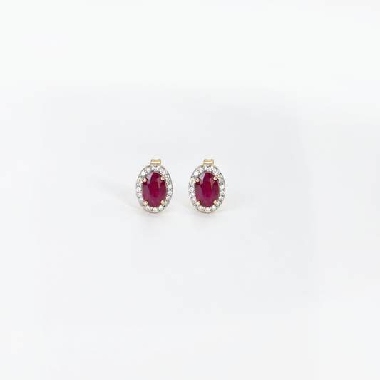Aretes rubí con halo diamantes naturales oro 14k