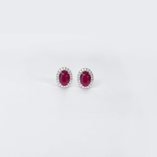 Aretes rubí con halo diamantes naturales en oro 14k