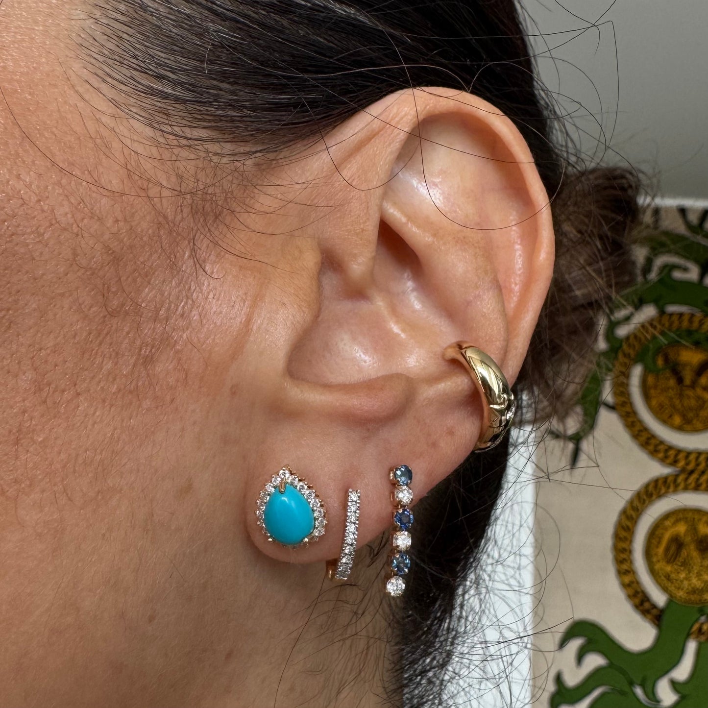 Aretes colgantes diamantes y zafiros naturales S, oro 14k.